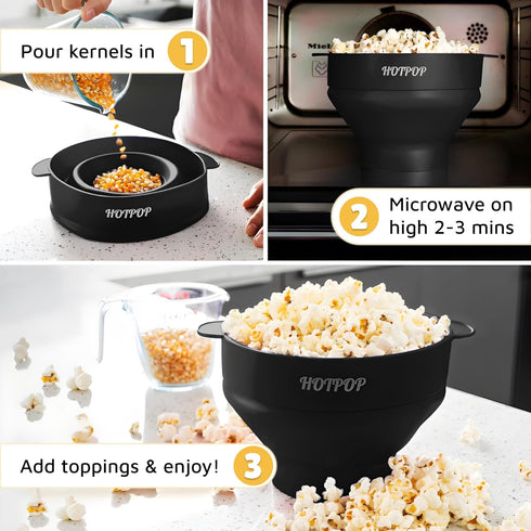 Popco Silicone Popcorn Maker, Microwave Popcorn Popper with Handles, Collapsible Bowl, 15-Cup Capacity (Black)