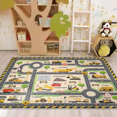 Construction Site Play Rug for Kids - Interactive Engineering Vehicles Faux Wool Carpet with Excavator & Digger Design
