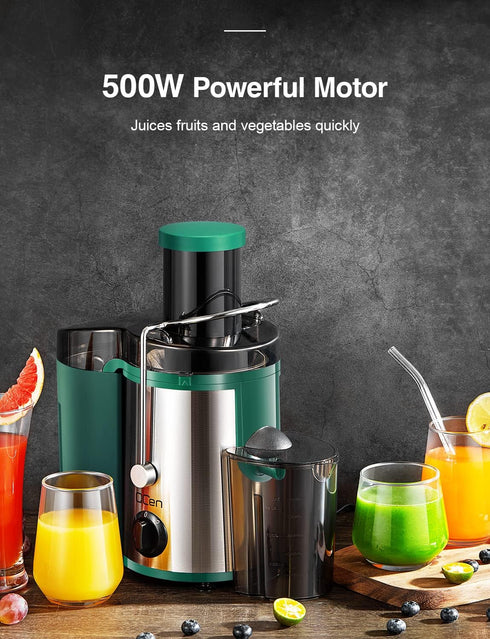 QCen Juicer Machine - 500W Centrifugal Juicer Extractor with 3” Wide Mouth Feed Chute for Easy Cleaning, Stainless