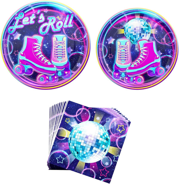 Blue Orchards Roller Skating Party Plates and Napkins (52 pieces for 20 Guests) - 90s Party Supplies, Skate Party
