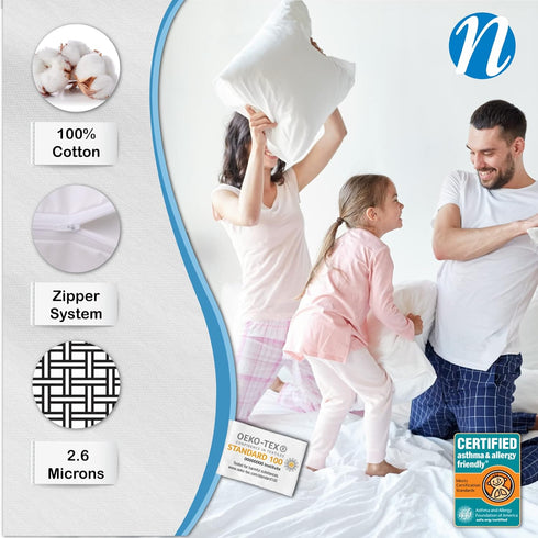 National Allergy Premium 100% Cotton Zippered Pillow Protector - Standard Size, 3 Pack, White
