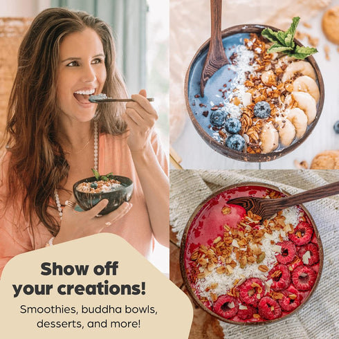 Coconut Bowls and Wooden Spoons Set of 2, Natural Hand-Crafted Vegan-Friendly Kitchen Utensils for Salad