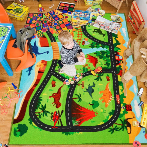 Rug,59"X39.4" Kids Carpet Playmat Dinosaur Car Rugs for Kids Toy Cars,Non Slip Dino Safari Road Map Kid Rug