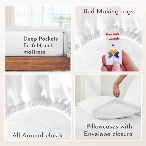 California Design Den Soft 100% Cotton King Size Bed Sheets Set with Deep Pockets, Cooling White Sheets with Sateen