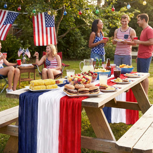 RunNico 4 120 38 Inch 4th PCS Patriotic Cheese Cloth Table Runner, x of July Sheer Fabric Table Runner, Red White