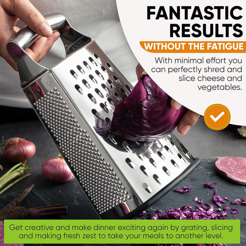 4 Spring Chef Professional Large Parmesan Cheese Grater, Stainless Steel Metal Box Grater with Handle, Sided Handheld