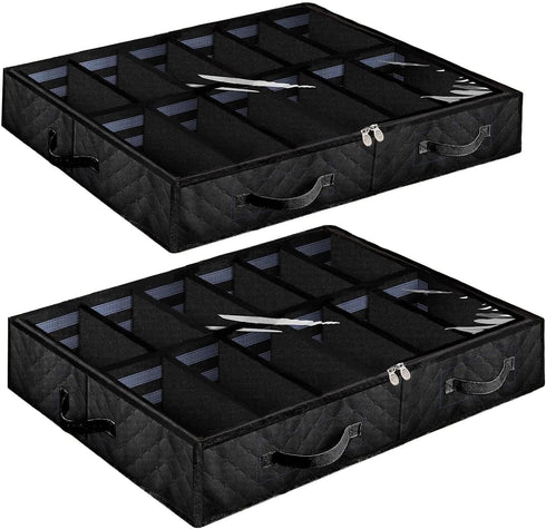 Under Bed Shoe Storage Organizer, Set of 2, Adjustable Dividers, Sturdy Zipper, Clear Window, Black