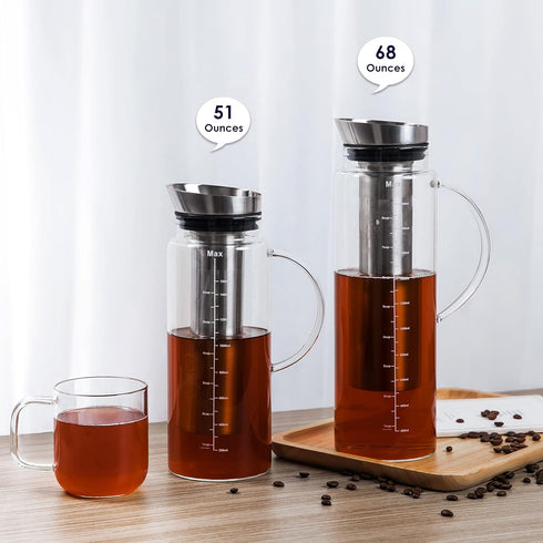 Aquach Cold Brew Coffee Iced Tea Maker & Fruit Pitcher, Large Capacity 51 Ounces with Glass Carafe and Steel Infuser