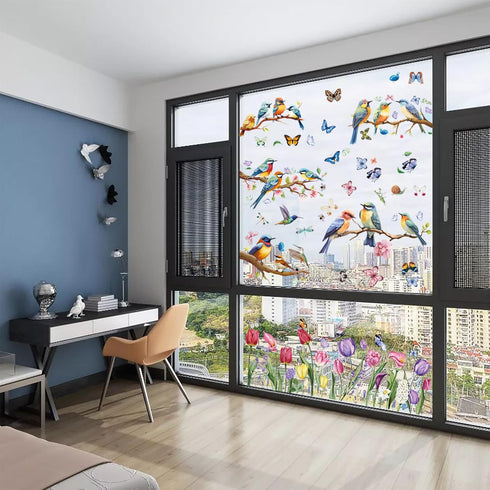 Vibrant Spring & Summer Window Clings, 78 PCS of Butterfly, Hummingbird, and Tulip Stickers for Home Decor.