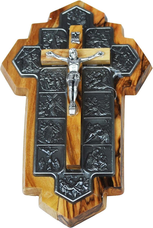 Olive Wood Crucifix, 14 Stations of the Cross Etched on Metal, 14x9x1 cm