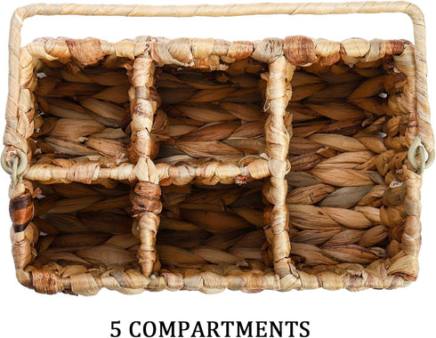Wicker Flatware Organizer, Woven Utensil Caddy with Handle, Water Hyacinth Cutlery Holder for Picnic Silverware