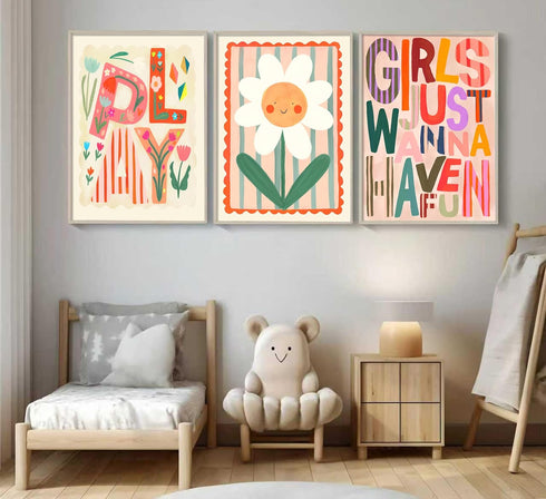 12x16 Inch, Set 3 Boho Floral Sun Nursery Wall Art Girls Just Wanna Have Fun Positivity Affirmation Rainbow Print