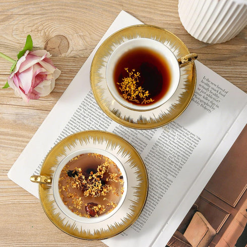 Set 6, 7 oz LETAOTAO Tea Cups and Saucers of Ceramic Turkish Coffee Cup With Gold Trim for Cappuccino, Latte, Mocha, Au