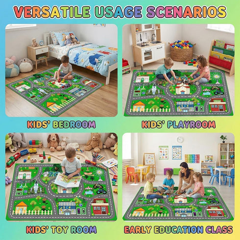 2.5x4 Car Rug Play Mat - Green Road Rug for Kids Boys Room, Fun Race Track Traffic Road Carpet for Boys Playmat