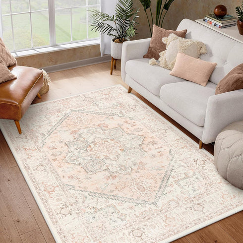 5x7 LIVEBOX Pink Area Rug - Soft Rugs for Bedroom, Non-Slip Pink Rugs for Bedroom Girls, Vintage Washable Cute