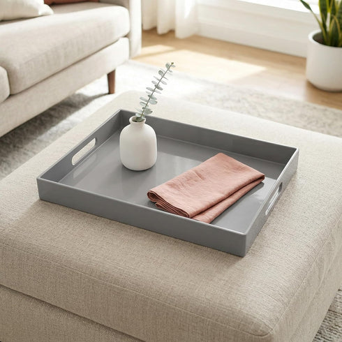 15.7 11.8 x1.6 Grey Decorative Tray, Rectangular Large Serving Tray with Handles, Plastic Coffee Table Tray