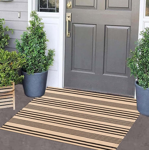 Front Outdoor Door Mat, 2'x3', Tan Black Striped, Machine Washable Cotton Layered Entryway Throw Rug