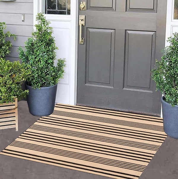 Front Outdoor Door Mat, 2'x3', Tan Black Striped, Machine Washable Cotton Layered Entryway Throw Rug