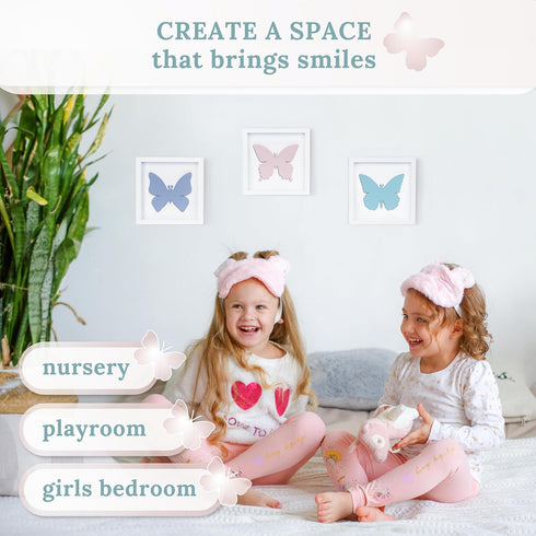 3D Set 3 (7x7) Tide and Tales Butterfly Room Decor for Girls, of Framed Wooden Wall Art for Nursery, Nature-Inspired