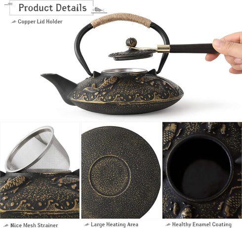 Set 4 Set, 26 oz Ufine Koi Fish Cast Iron Teapot Stove Top Tea Kettle with Cups Japanese Style Tetsubin Tea Gift