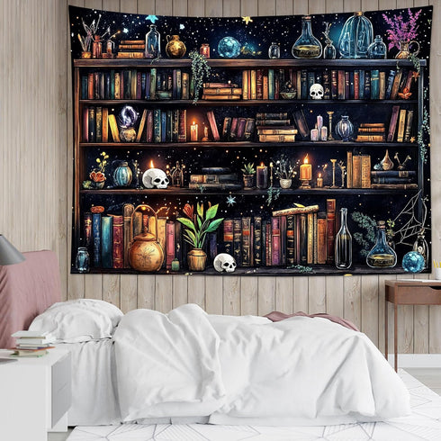 HVEST Magic Bookshelf Tapestry Vintage Bookshelf Witchy Books Plant Skull Gothic Halloween