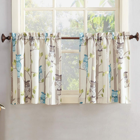 No. 918 Hoot Owl Print Kitchen Curtain Tier Pair, Semi-Sheer, 56" x 24", Mocha
