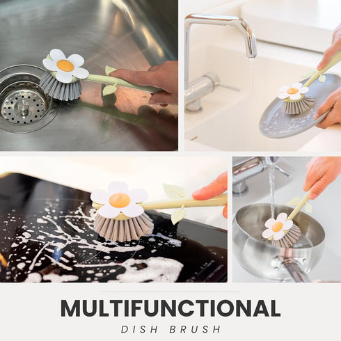 Vigar Florganic Daisy-Shaped Dish Brush, a Dish Brush with Handle, and a Dish Brush with Stand for Pot Scrubber