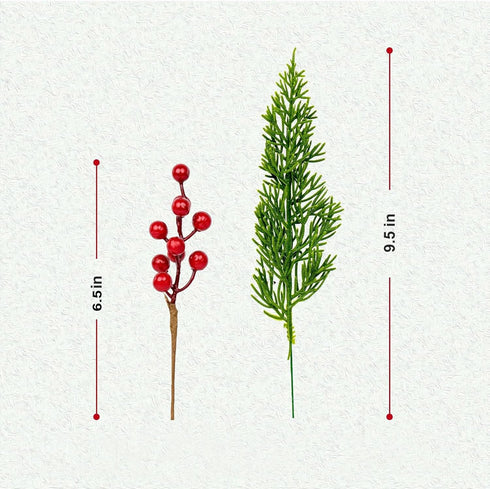 30 9.5 Inches 6.5 Inches PCs Christmas Picks Winter Christmas Tree Stems Evergreen Pine Needle Branches Red Berry Picks