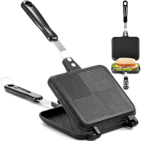 Elsjoy Non-Stick Hot Sandwich Panini Maker with Handle, Aluminum Double Sided Frying Pan, Detachable Grilled Sandwich