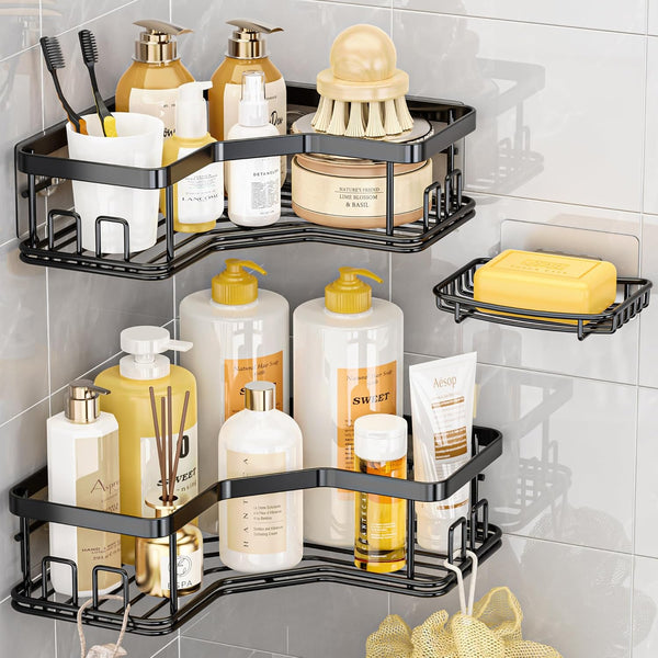 MAXIFFE 3-Pack Shower Caddy, Wall Mounted Organizer with Soap Holder and 8 Hooks for Bathroom and Kitchen Countertop