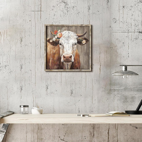 Cattle Framed Wall Art Decor, Rustic Farmhouse Cow Animal Painting with Wildflowers Artwork for House