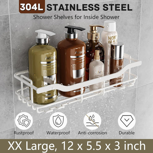 OMAIRA Shower Caddy 3-Pack, Rustproof Adhesive Organizer with Soap Holder, No Drilling Shower Shelves, White