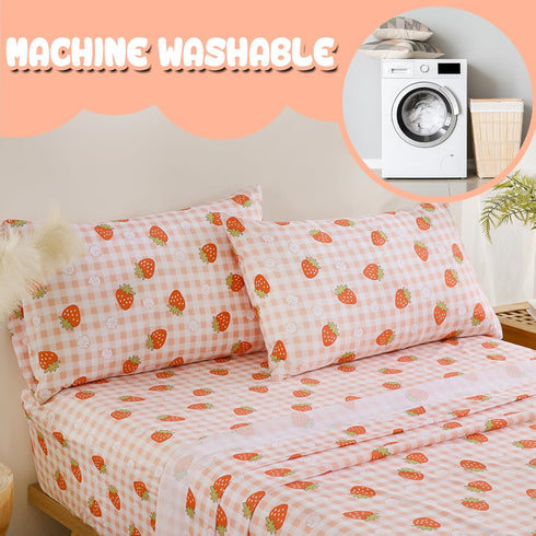 Set 4 Yibeizi Pink Strawberry Sheet for Girls, Cute Full Size Kids Checkered Patterned Bedsheet Microfiber Deep Pocket