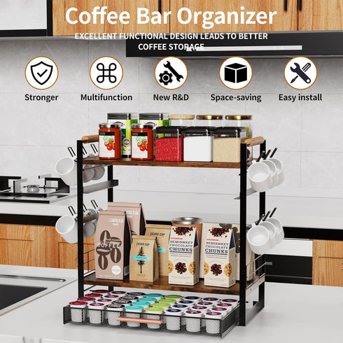 Countertop 32 12 3 3-Tier 1 Coffee Bar Station Organizer for - Pod for K Cup Holder with Drawer and Mug Holder, Tier