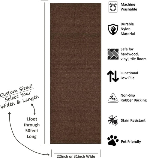 Kapaqua Custom Length Runner Rug, Solid Color Non Slip Rubber Backing for Hallway Stair Kitchen Living Room, Coffee