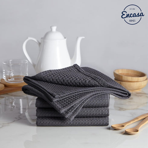 Encasa Homes Anti-Odour Waffle Kitchen Dish Towels, 28"x18", 4 Pc Set, Highly Absorbent, Cotton - Grey