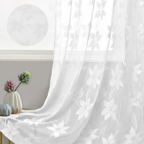 DWCN 2 Pack White Floral Lace Valances for Kitchen, Rod Pocket Half Window Sheer Curtains, 42 x 18 inch