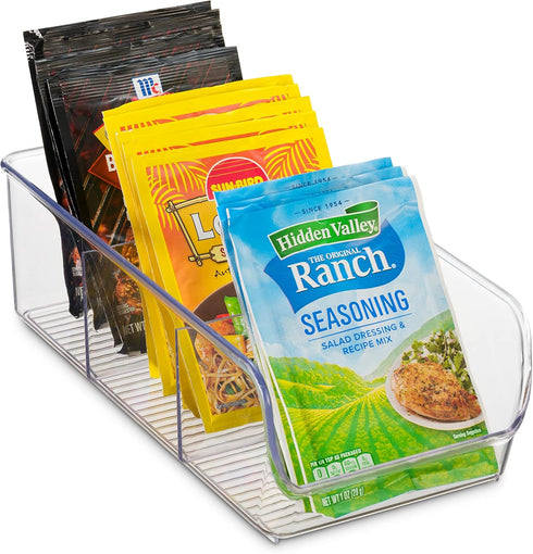 Set of 4 Food Storage Organizer Bins - Divided 3 Compartment Kitchen Pantry Organizers for Food Packets, Clear