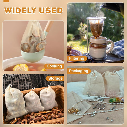 20 4 3 Inches Pcs Muslin Bags with Drawstring, Reusable Tea Bags, Spice Bags for Cooking Soup/Herb/Loose Leaf Tea