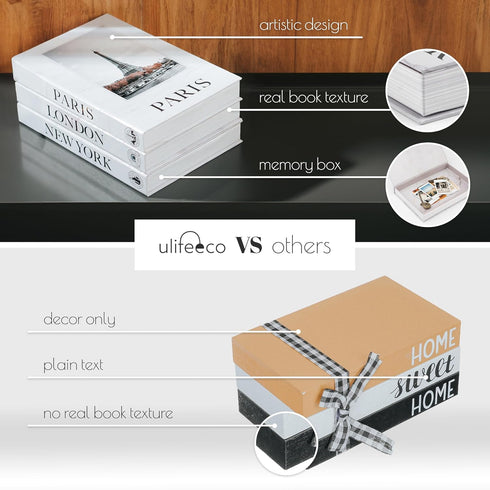 ULIFEECO Set 3 Fake Books for Decoration - of Decorative Books for Home Decor (London/Paris/New York), Faux Books
