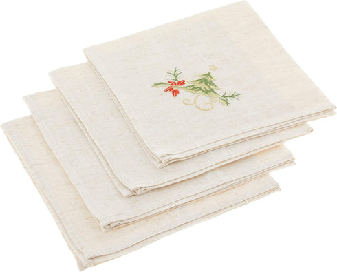 SARO LIFESTYLE Embroidered Christmas Tree Design Linen Blend Napkin - Set of 4, Natural, 20"