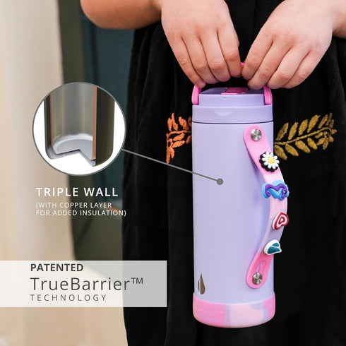 Elemental Iconic Kids Water Bottle, 20oz Triple Insulated Stainless Steel with Straw Lid & Charms Strap, Lilac Tie Dye