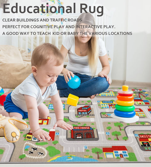 5'2''x3'3'', Kids Carpet Playmat Rug Kids Rugs for Bedroom, Non-Slip Town City Road Map Car Rugs for Kids Toy Cars