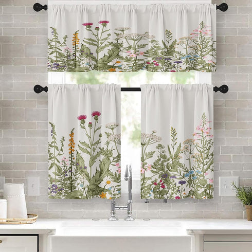 Emvency Floral Herbs Kitchen Window Curtains, 36 Inch Valance and Tier Set, Vintage Sage Green Leaf Treatment