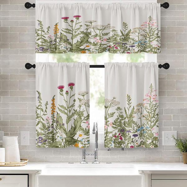 Emvency Floral Herbs Kitchen Window Curtains, 36 Inch Valance and Tier Set, Vintage Sage Green Leaf Treatment
