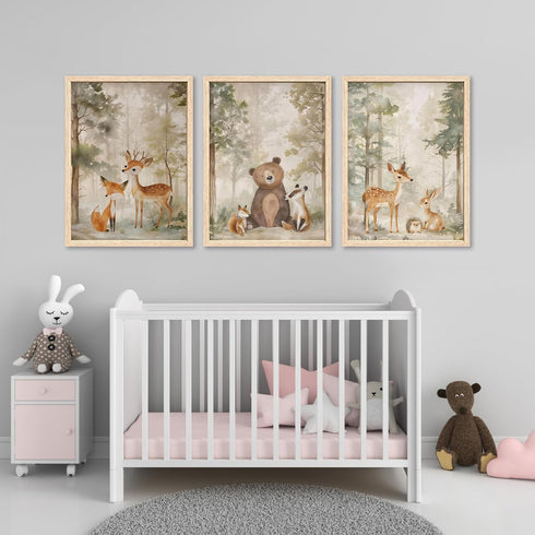 ICHZUMW Set 3, 12x16in Woodland Nursery Decor Wall Art of Cute Forest Friend Animal Canvas Prints Bear Fox Deer