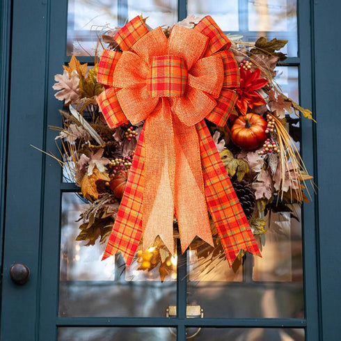 Iceyyyy Extra Large Fall Wreath Gift Bow - 18.8x10.6inch Orange Buffalo Plaid Check Wreath Bow for Fall, Thanksgiving,