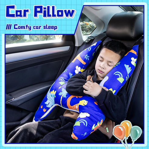 Ivtivfu H-Shape Car Seat Pillow for Kids (Blue Dinosaur), Kids Car Pillows for Sleeping, Child Car Sleeping Head