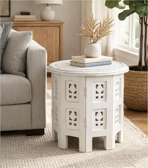 12"x12" Bedding Craft Wooden End Table, Side Table Hand Carved Wooden Vintage Boho Folding for Small Spaces, Entryway