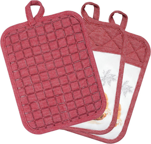 Pot Holders Set of 3 - Silicone Non Slip Heat Resistant Hot Pads, Cotton BBQ Grilling, Red Potholders